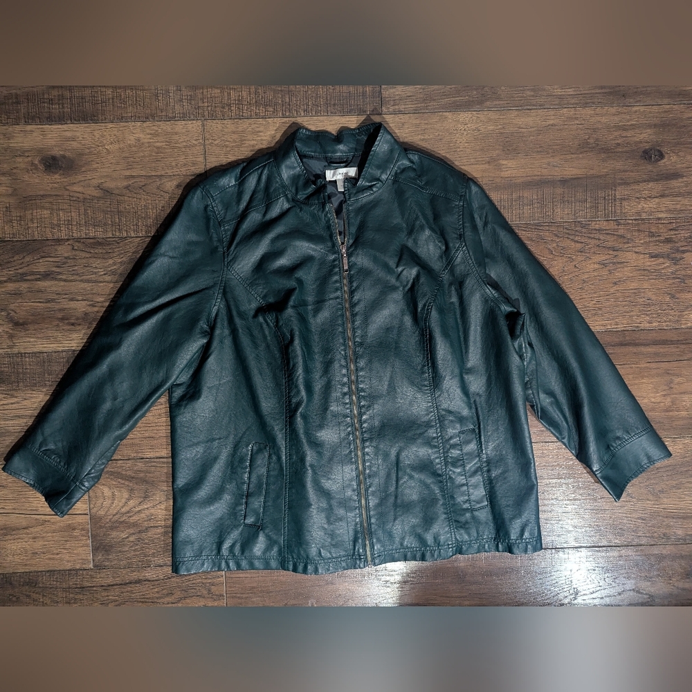 CJ Banks Women's Plus Faux Leather Motorcycle Jacket Emerald Green Size 2X Cool